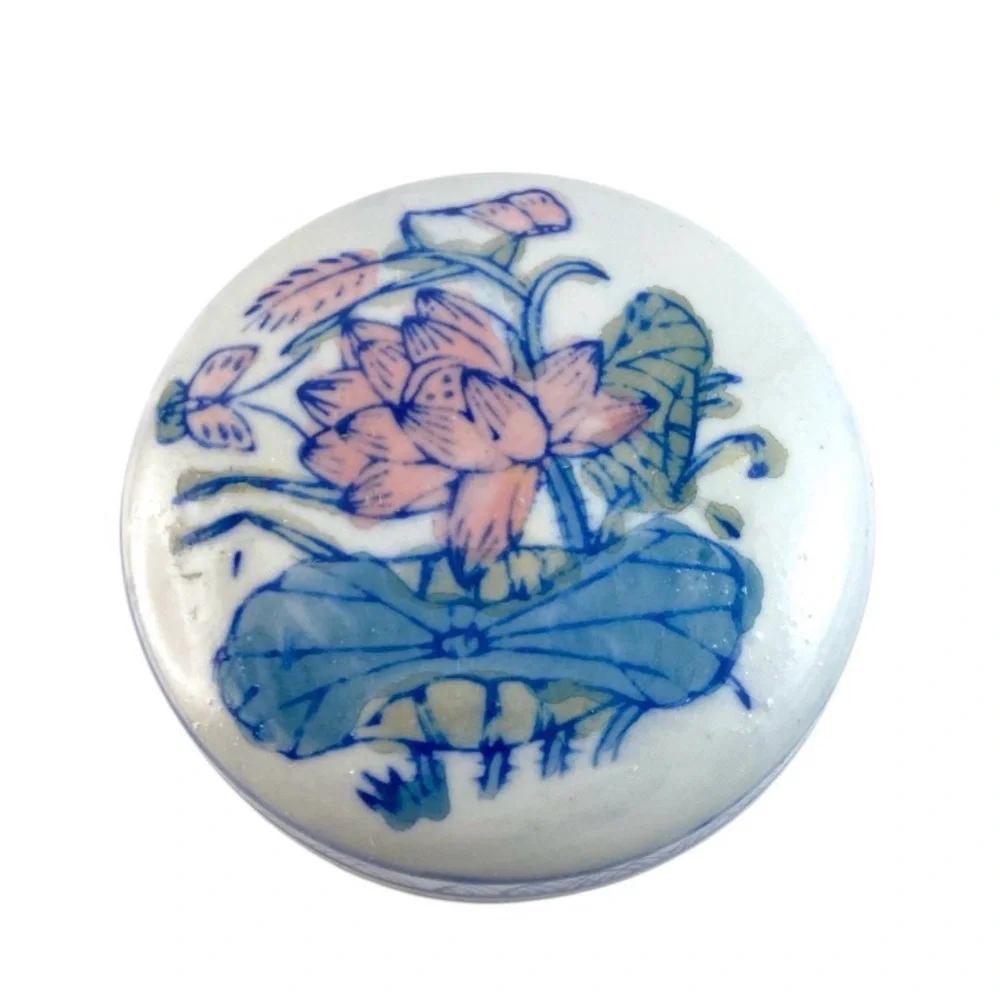 Vintage Chinese Porcelain Trinket Box Jewelry Holder Lotus Butterfly Chinoiserie